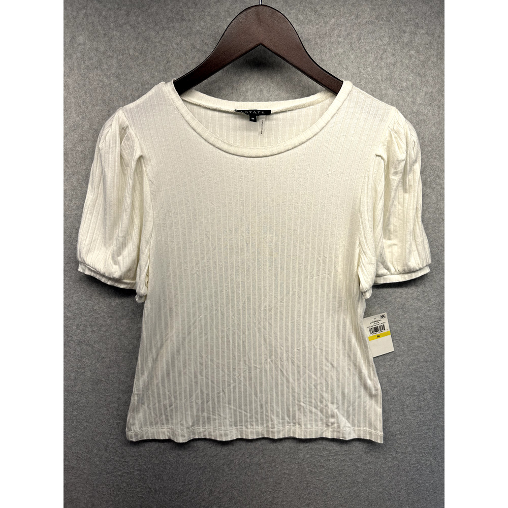 1 State Womens Blouse Size Medium White Short Puff Sleeve Ribbed NWT